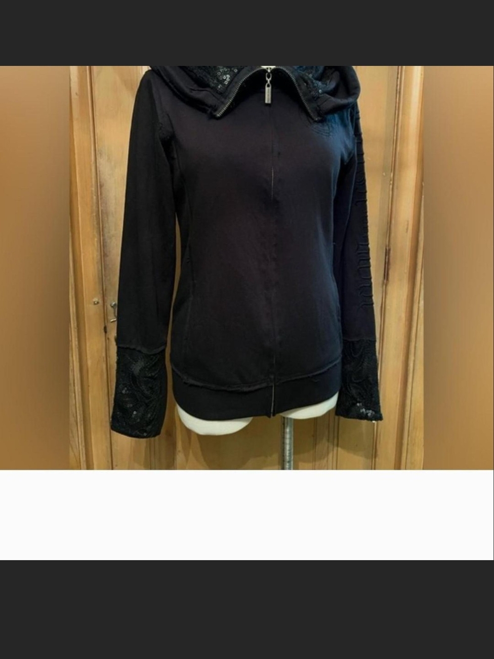 Crash & Burn Black Sequin Women's Zip Hoodie Jacket. L
